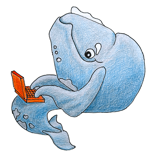 Color pencil cartoon logo of a right whale typing on a laptop